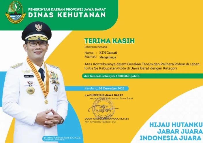 Penghargaan dari Provinsi Jawa barat kepada Kelompok Tani Hutan (KTH) Gumati Desa Margaharja